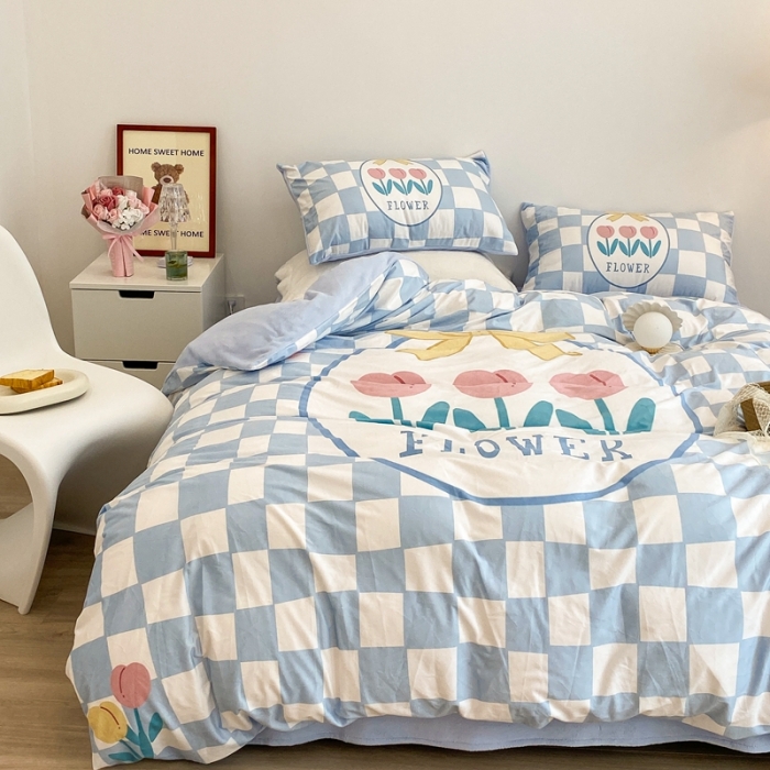 91家纺网 家纺一手货源 找家纺 昔可家纺 2021新款大版宝宝牛奶绒四件套 棋盘格花花