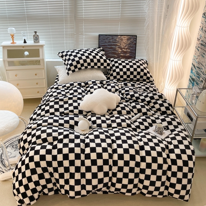 91家纺网 家纺一手货源 找家纺 （总）昔可家纺 2021新款牛奶绒棋盘格系列四件套