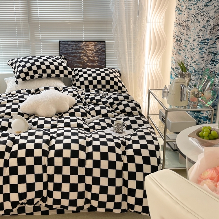 91家纺网 家纺一手货源 找家纺 （总）昔可家纺 2021新款牛奶绒棋盘格系列四件套