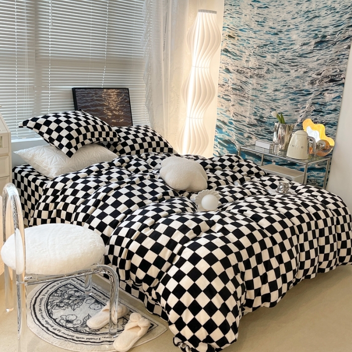 91家纺网 家纺一手货源 找家纺 昔可家纺 2021新款牛奶绒棋盘格系列四件套 黑