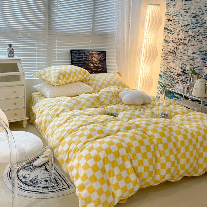 91家纺网 家纺一手货源 找家纺 昔可家纺 2021新款牛奶绒棋盘格系列四件套 黄