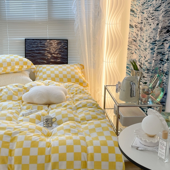 91家纺网 家纺一手货源 找家纺 昔可家纺 2021新款牛奶绒棋盘格系列四件套 黄
