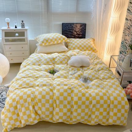 昔可家纺 2021新款牛奶绒棋盘格系列四件套 黄