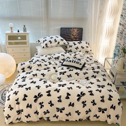 91家纺网 家纺一手货源 找家纺 昔可家纺 2021新款牛奶绒四件套-一批 赫本风黑蝴蝶结