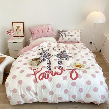 昔可家纺 2021新款大版宝宝牛奶绒四件套 粉波点蝴蝶结