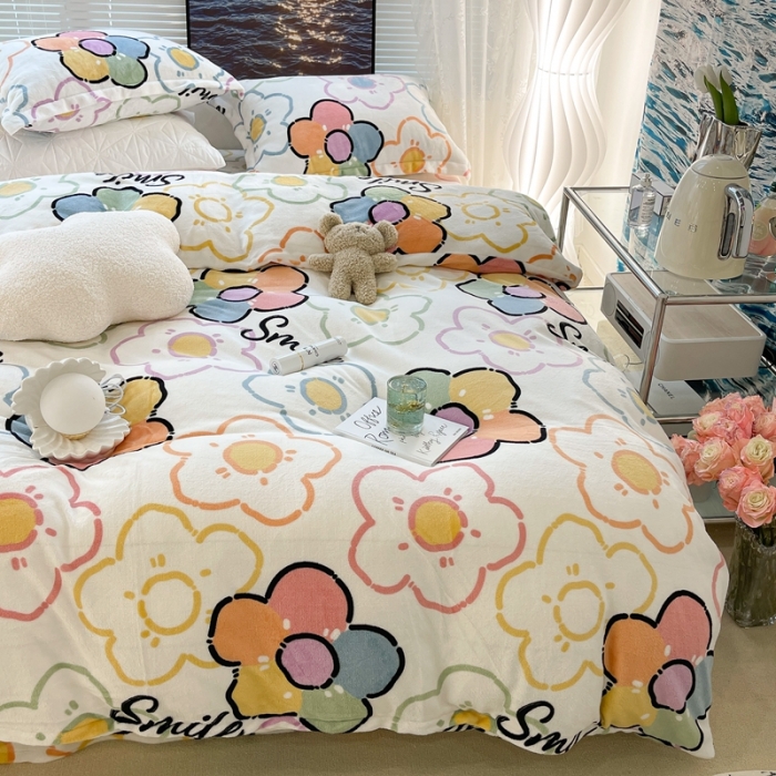 91家纺网 家纺一手货源 找家纺 昔可家纺 2021新款牛奶绒四件套-一批 彩色微笑花