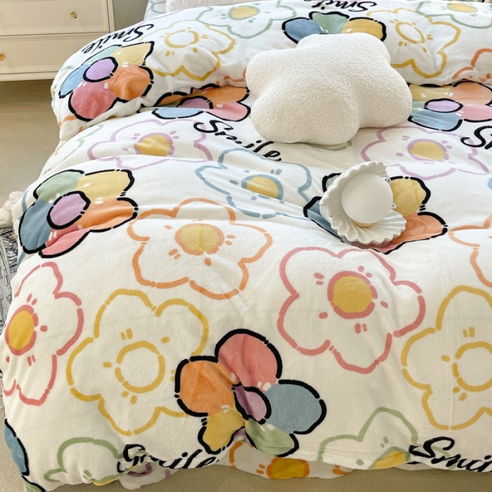 91家纺网 家纺一手货源 找家纺 昔可家纺 2021新款牛奶绒四件套-一批 彩色微笑花