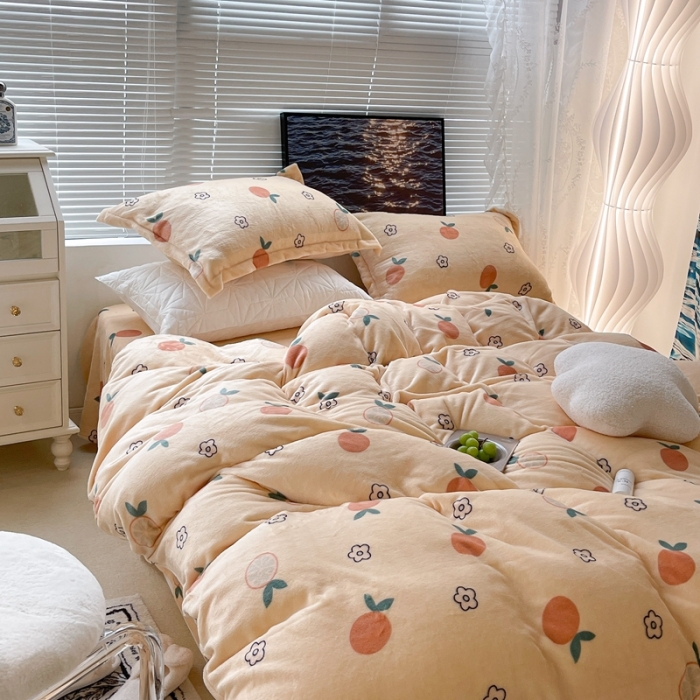 91家纺网 家纺一手货源 找家纺 昔可家纺 2021新款牛奶绒四件套-一批 花朵橙