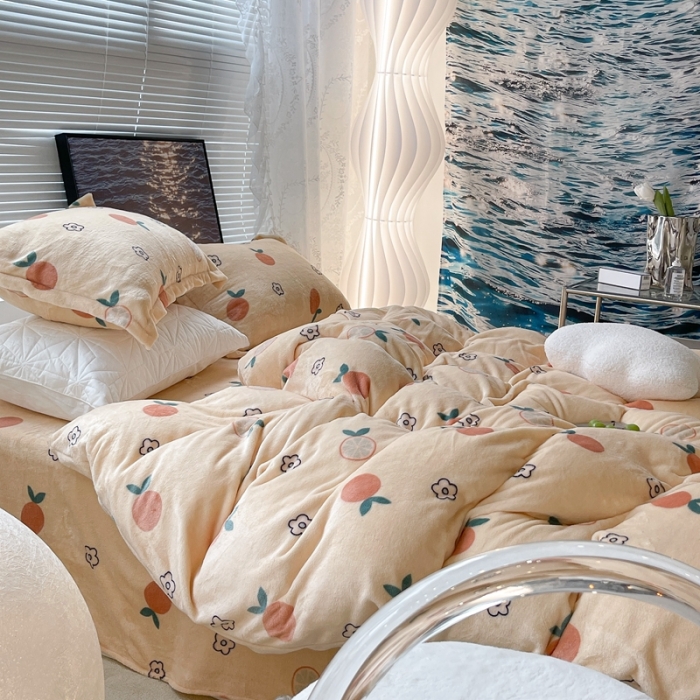 91家纺网 家纺一手货源 找家纺 昔可家纺 2021新款牛奶绒四件套-一批 花朵橙