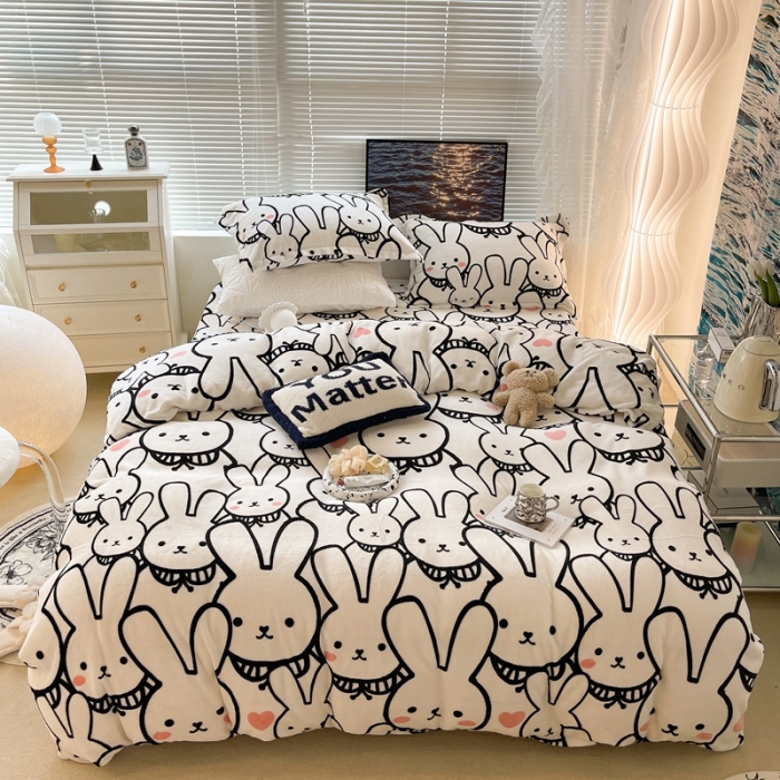 91家纺网 家纺一手货源 找家纺 昔可家纺 2021新款牛奶绒四件套-一批 简笔兔兔