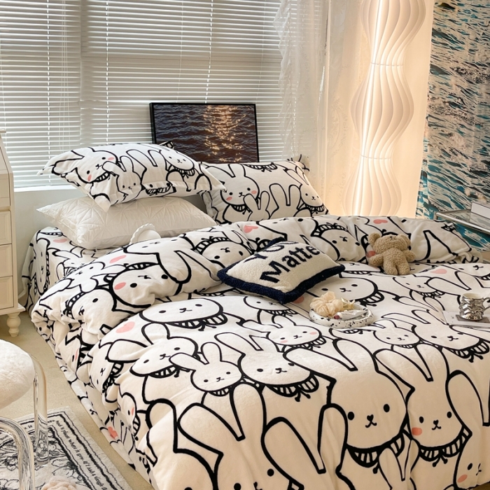 91家纺网 家纺一手货源 找家纺 昔可家纺 2021新款牛奶绒四件套-一批 简笔兔兔