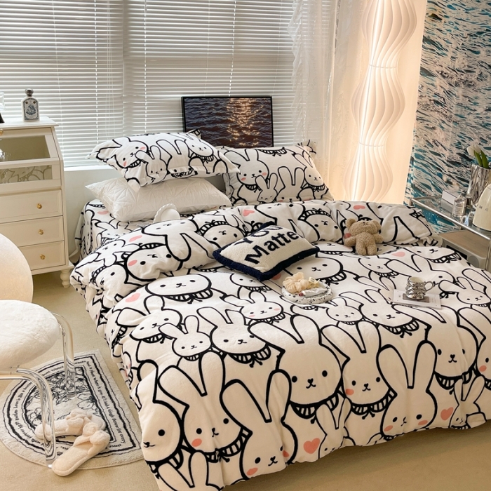 91家纺网 家纺一手货源 找家纺 昔可家纺 2021新款牛奶绒四件套-一批 简笔兔兔