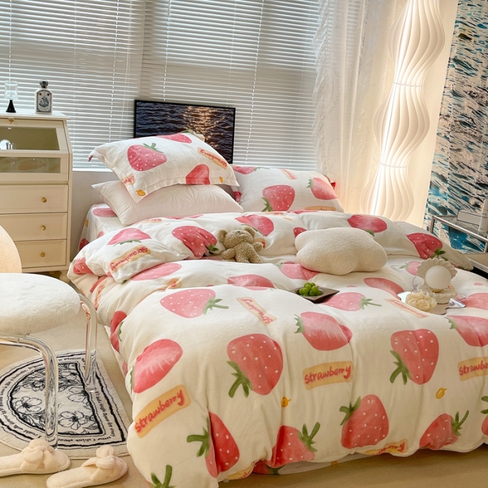 91家纺网 家纺一手货源 找家纺 昔可家纺 2021新款牛奶绒四件套-一批 奶油大草莓