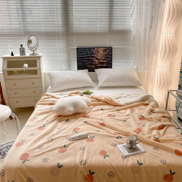 91家纺网 家纺一手货源 找家纺 昔可家纺 2021新款牛奶羊羔绒印花毯 花朵橙