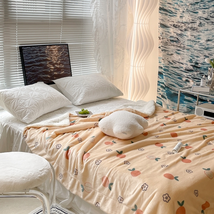 91家纺网 家纺一手货源 找家纺 昔可家纺 2021新款牛奶羊羔绒印花毯 花朵橙