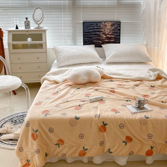 91家纺网 家纺一手货源 找家纺 昔可家纺 2021新款牛奶羊羔绒印花毯 花朵橙