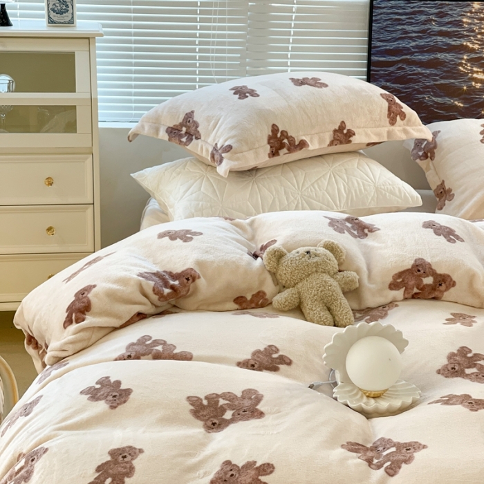 91家纺网 家纺一手货源 找家纺 昔可家纺 2021新款牛奶绒四件套-一批 泰迪比熊