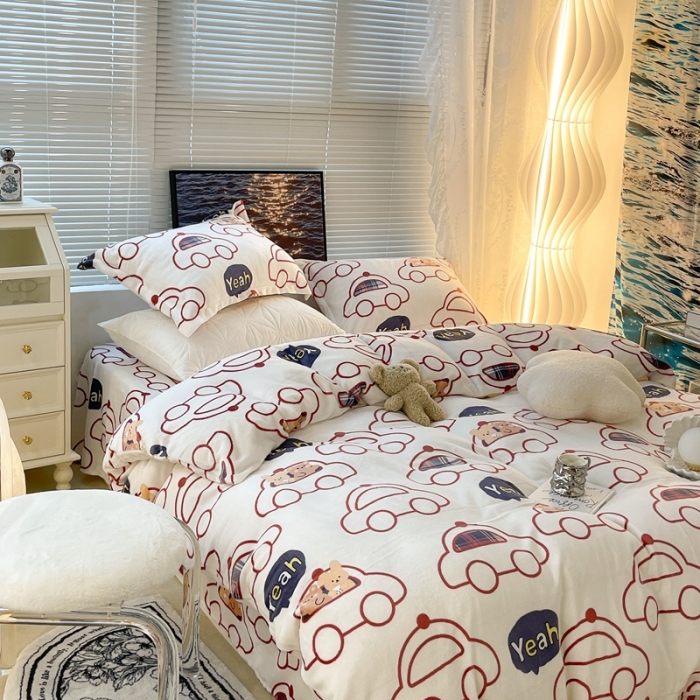 91家纺网 家纺一手货源 找家纺 昔可家纺 2021新款牛奶绒四件套-一批 小熊汽车