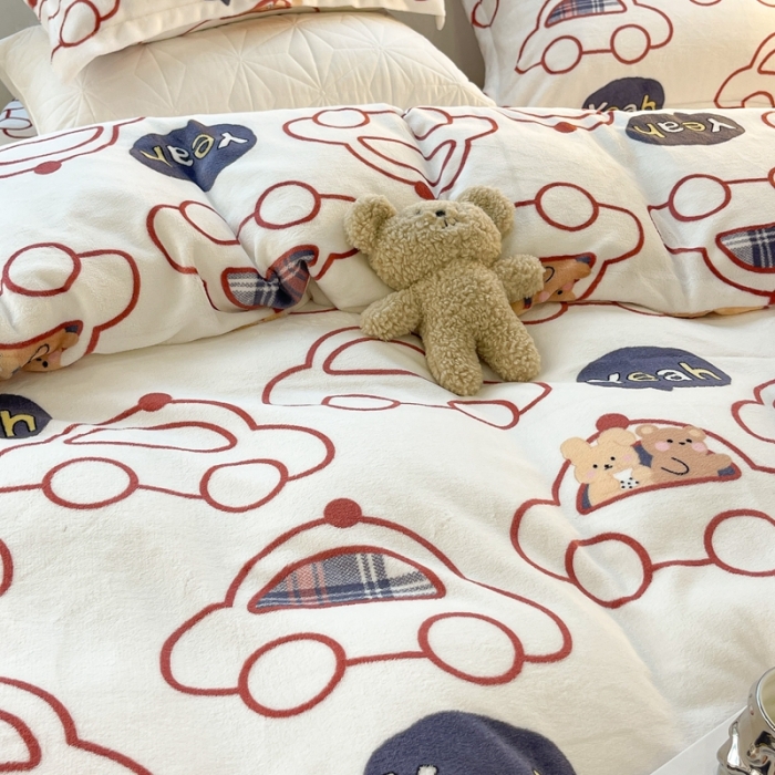 91家纺网 家纺一手货源 找家纺 昔可家纺 2021新款牛奶绒四件套-一批 小熊汽车