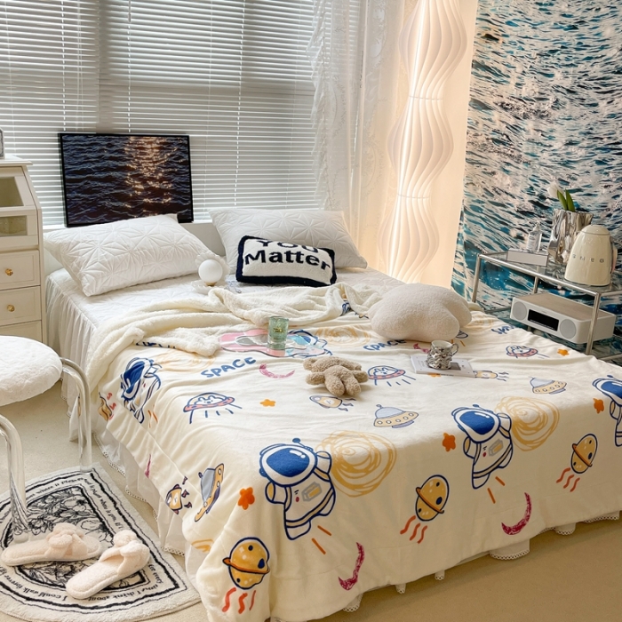 91家纺网 家纺一手货源 找家纺 昔可家纺 2021新款牛奶羊羔绒印花毯 太空宇航员