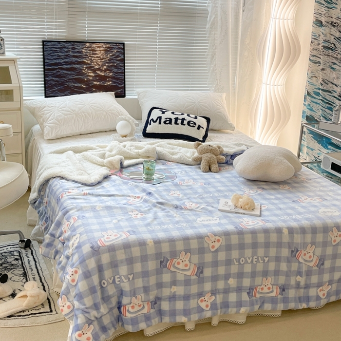 91家纺网 家纺一手货源 找家纺 昔可家纺 2021新款牛奶羊羔绒印花毯 兔兔奶糖