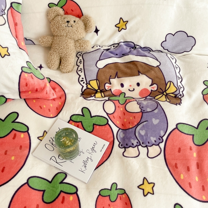 91家纺网 家纺一手货源 找家纺 昔可家纺 2021新款牛奶绒四件套-二批 草莓女孩