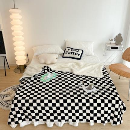 昔可家纺 2021新款牛奶羊羔绒印花毯 棋盘格-黑