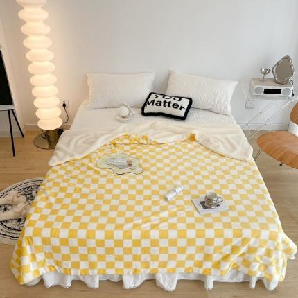 昔可家纺 2021新款牛奶羊羔绒印花毯 棋盘格-黄