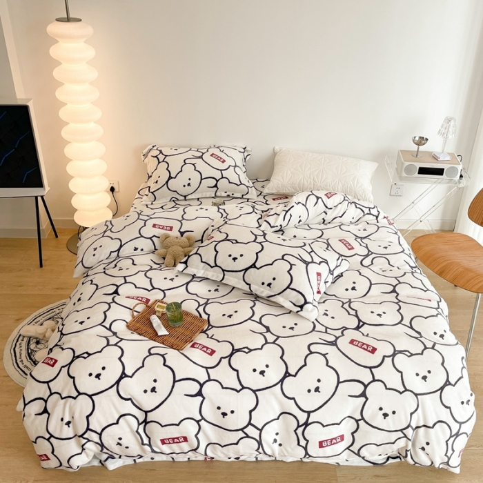 91家纺网 家纺一手货源 找家纺 昔可家纺 2021新款牛奶绒四件套-二批 可比熊米白