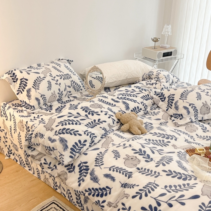 91家纺网 家纺一手货源 找家纺 昔可家纺 2021新款牛奶绒四件套-二批 森系小兔