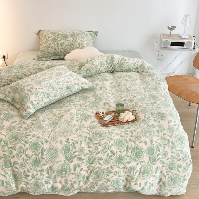 91家纺网 家纺一手货源 找家纺 昔可家纺 2021新款牛奶绒四件套-二批 手绘山茶绿