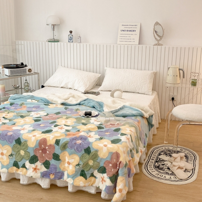 91家纺网 家纺一手货源 找家纺 昔可家纺 2021新款牛奶羊羔绒印花毯 油画花园