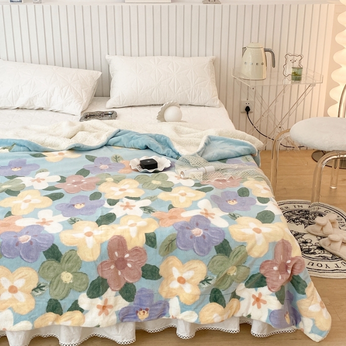 91家纺网 家纺一手货源 找家纺 昔可家纺 2021新款牛奶羊羔绒印花毯 油画花园