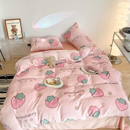 91家纺网 家纺一手货源 找家纺 昔可家纺 2021新款牛奶绒四件套-三批 花花大草莓