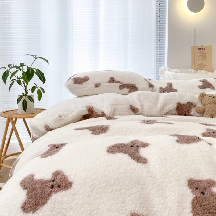 91家纺网 家纺一手货源 找家纺 昔可 2021新款泰迪羊羔绒四件套 韩国小熊