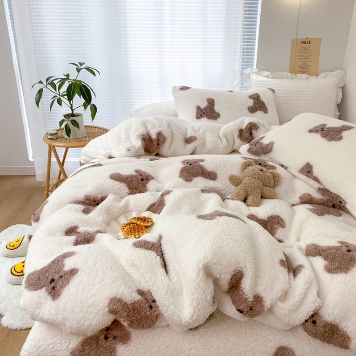 91家纺网 家纺一手货源 找家纺 昔可 2021新款泰迪羊羔绒四件套 韩国小熊