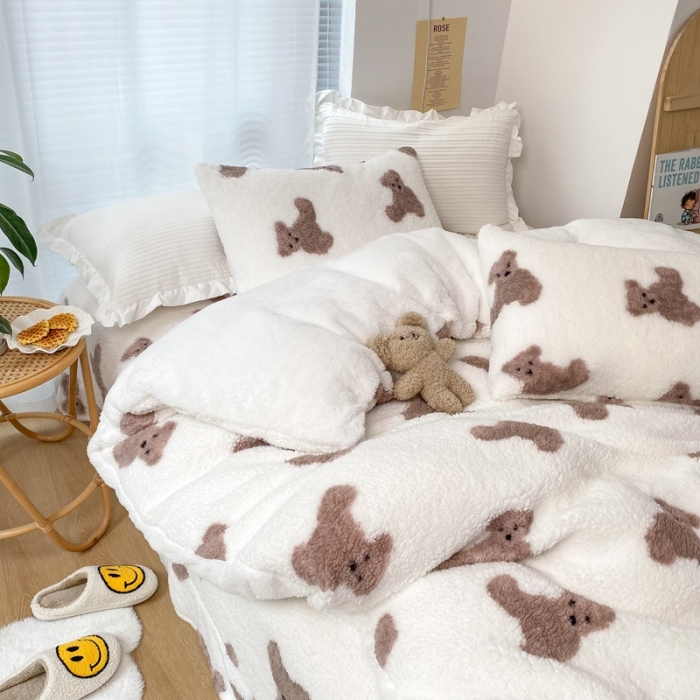 91家纺网 家纺一手货源 找家纺 昔可 2021新款泰迪羊羔绒四件套 韩国小熊