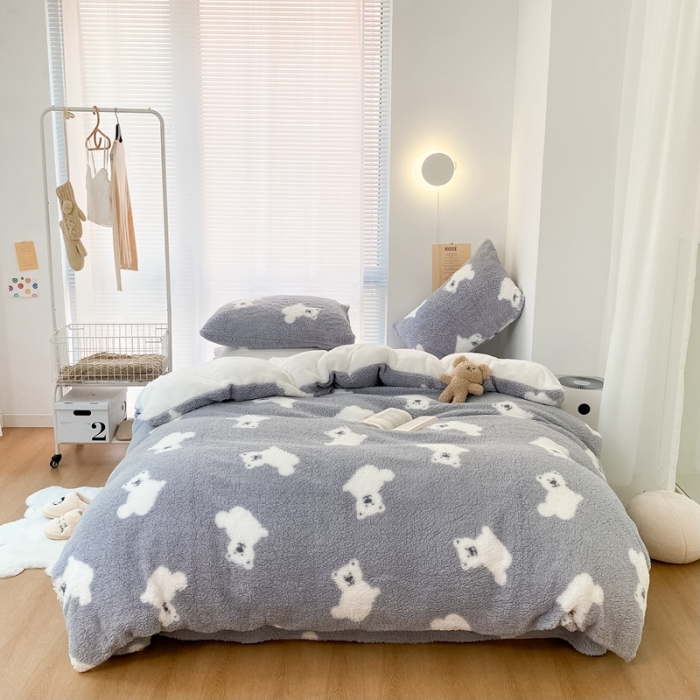 91家纺网 家纺一手货源 找家纺 昔可 2021新款泰迪羊羔绒四件套 灰底白熊