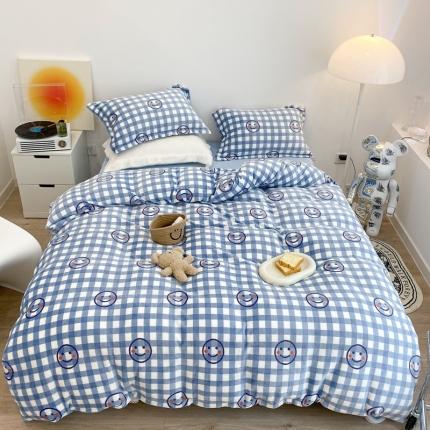 昔可家纺 2021新款牛奶绒四件套-三批 蓝格笑脸