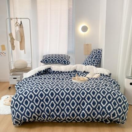 昔可 2021新款泰迪羊羔绒四件套 简约菱格