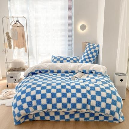 昔可 2021新款泰迪羊羔绒四件套 蓝色棋盘格