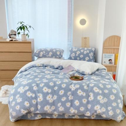 昔可 2021新款泰迪羊羔绒四件套 浅蓝小雏菊