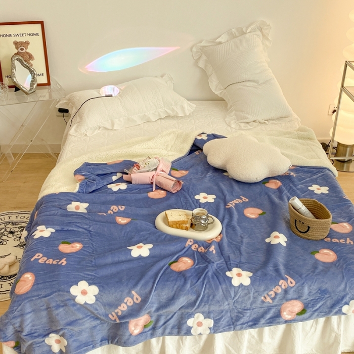 91家纺网 家纺一手货源 找家纺 昔可家纺 2021新款牛奶羊羔绒印花毯 花朵蜜桃