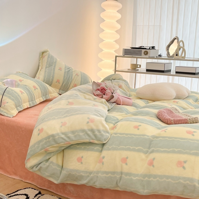 91家纺网 家纺一手货源 找家纺 昔可家纺 2021新款牛奶绒四件套-三批 竖条水蜜桃