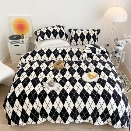 昔可家纺 2021新款牛奶绒四件套-三批 菱格-黑白