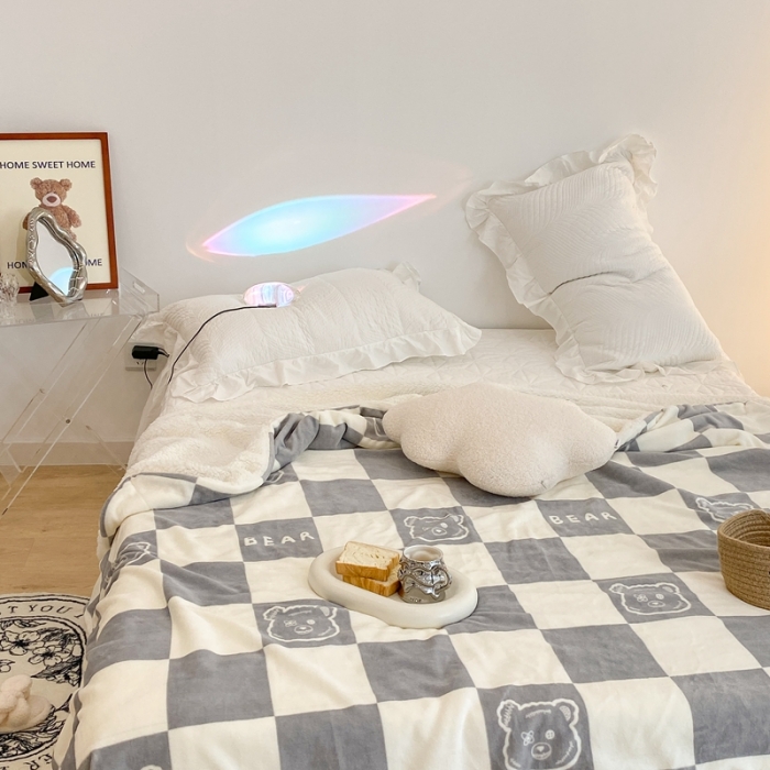 91家纺网 家纺一手货源 找家纺 昔可家纺 2021新款牛奶羊羔绒印花毯 灰格熊