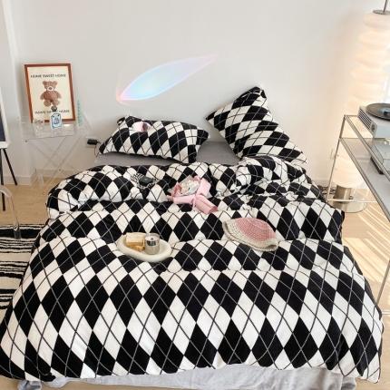昔可家纺 2021新款牛奶绒四件套-三批 菱格-黑灰