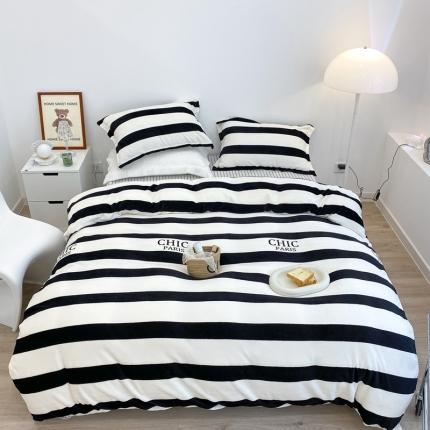 昔可家纺 2021新款牛奶绒四件套-三批 条纹-黑白