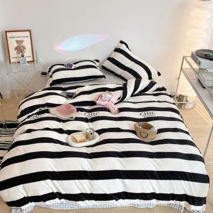 昔可家纺 2021新款牛奶绒四件套-三批 条纹-黑灰
