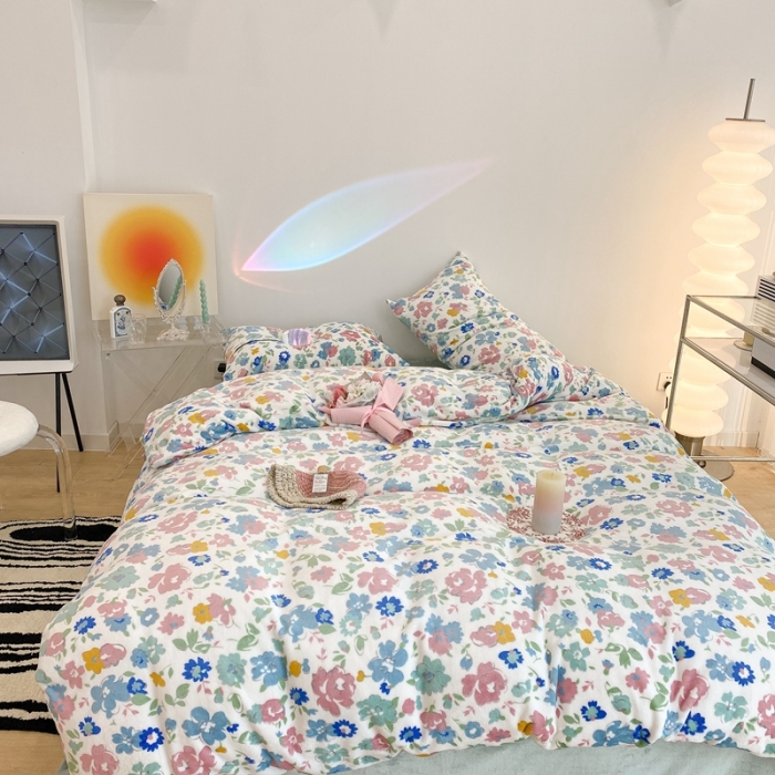 91家纺网 家纺一手货源 找家纺 昔可家纺 2021新款牛奶绒四件套-老花色 粉粉小兰花